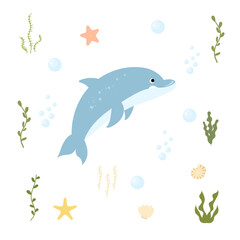 Cute dolphin character, corals, shells. Vector hand drawn kids illustration. Sea animal, sea life, shells, seaweed. Flat design. Underwater life.