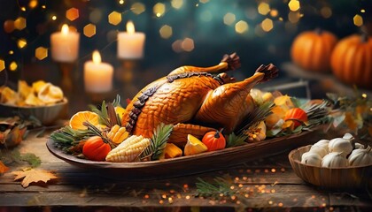 Gebratener Truthahn mit Gemüse und Kräutern ist ein traditionelles Gericht zu Thanksgiving oder Weihnachten. KI generativ - obrazy, fototapety, plakaty