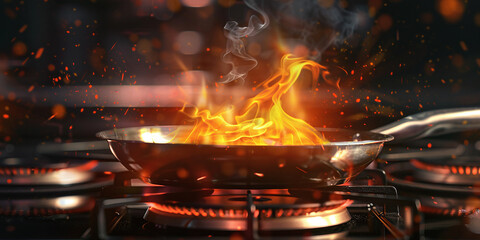 metal shiny frying pan on a gas stove. cooking over a fire, creating a flame - obrazy, fototapety, plakaty