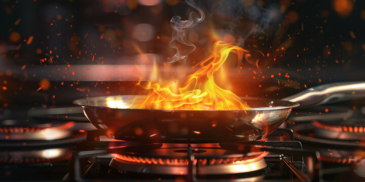 metal shiny frying pan on a gas stove. cooking over a fire, creating a flame