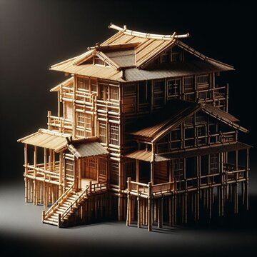Casa de bonecas feita com palitos de bambu, ilumina&ccedil;&atilde;o dram&aacute;tica. 