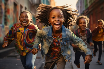 Group of happy black children laugh and running down the street in slum, fun carefree childhood