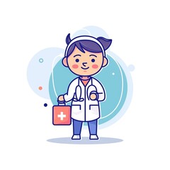 A cartoon nurse with a stethoscope and medical bag, vector flat icon illustration.