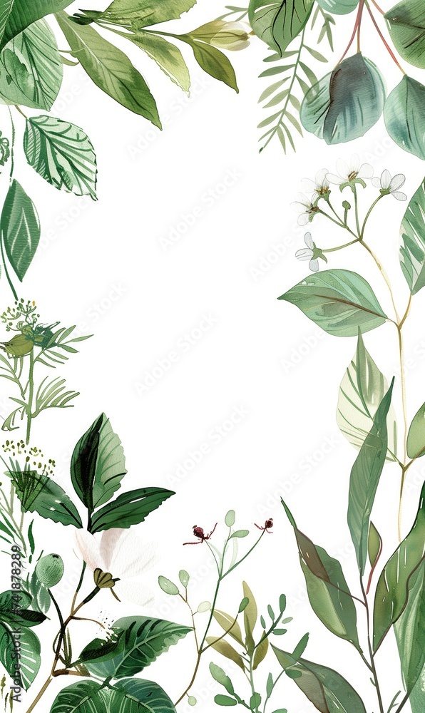 Wall mural botanical garden theme wedding invitation with variety of green leaves, watercolor flowers.