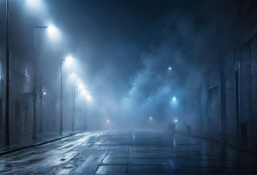 night street in the city, Asphalt blue dark street with smoke. Rays, spotlights light . Empty dark scene with neon light