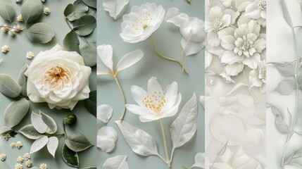the delicate beauty of flowers and leaves in white and light colors, intertwining botanical elements in a seamless collage, evoking an ethereal and enchanting ambiance. SEAMLESS PATTERN.
