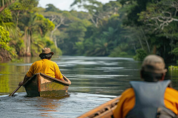 dos indígenas navegando en una pequeña barca de madera en la selva del amazonas