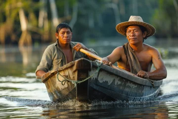 Foto op Canvas dos indígenas navegando en una pequeña barca de madera en la selva del amazonas © julio