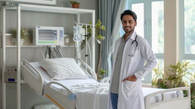 The image features a smiling male medical professional in a white lab coat with a stethoscope around his neck, standing confidently with one hand on his hip in a well-lit hospital room equipped with a