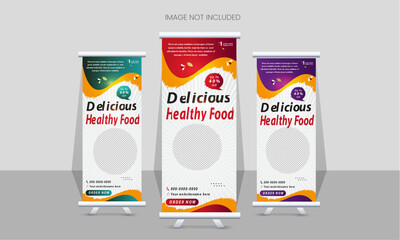 Food rollup banner design for restaurant. creative food roll-up banner template, modern food rollup banner restaurant menu, and food rollup banner design template 