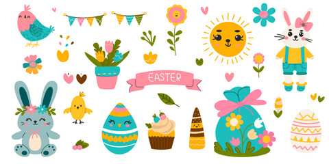 Cute set of elements for the Easter holiday. Rabbit, eggs, sun, tulips, flowers, cupcake, festive garland. Vector illustration for greeting cards.