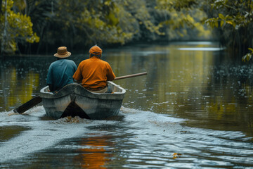 dos indígenas navegando en una pequeña barca de madera en la selva del amazonas - obrazy, fototapety, plakaty