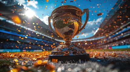 Trophy on Sports Field: A winner trophy is positioned on the sidelines of a sports field or arena, capturing the excitement and intensity of competition in the athletic world  - obrazy, fototapety, plakaty