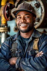 A smiling plumber standing arms crossed