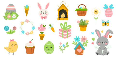 Obraz na płótnie Canvas Cute set of elements for the Easter holiday. Rabbit, eggs, fireplace, basket, gift, cupcake, flowers, feeder. Vector illustration for greeting cards.