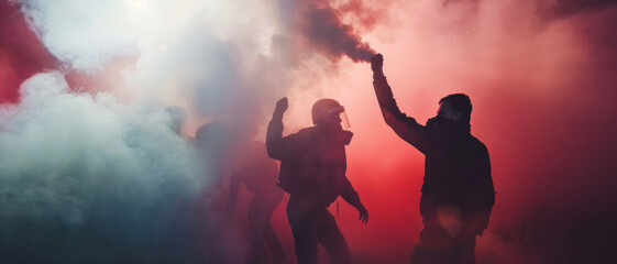 Fototapeta na wymiar Rebellion in red: Silhouetted figures amidst smoke and flares express fervent protest