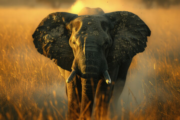 elefante africano que se alza majestuosamente en la sabana cubierta de hierba, su piel arrugada y sus largos colmillos lo convierten en un símbolo de fuerza y ​​sabiduría - obrazy, fototapety, plakaty