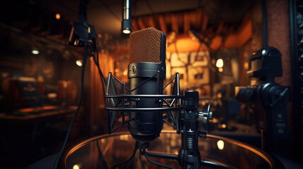 Studio microphone and pop shield on mic in the empty recording studio with copy space. Performance...