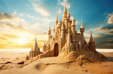 Built House sand castle with towers on the south shore of the sandy beach blue sea - obrazy, fototapety, plakaty