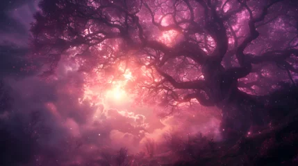 Keuken spatwand met foto sunset in the forest 3D background, A purple tree with a purple background and a purple tree in the foreground.  © Amjid