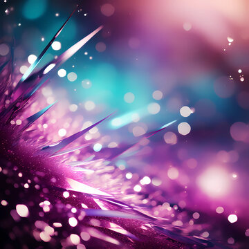 close-up of sharply pointed gemstones, bokeh magic background, dreamy purple and blue  blur backdrop, 