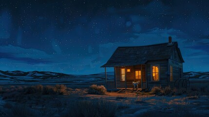a small western town at night, with a warmly illuminated wooden house and a faithful dog resting on its doorstep, evoking the timeless allure of frontier life.