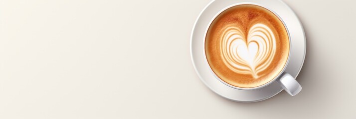 A beautifully crafted cup of cappuccino featuring latte art, placed on a saucer on a clean white table. Perfect for coffee lovers and enthusiasts of espressobased drinks, banner - obrazy, fototapety, plakaty