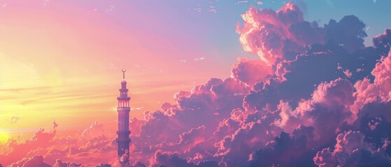 Mosque's minaret towering against a pastel-colored sunset sky, calling the faithful to prayer and reflection during Ramadan