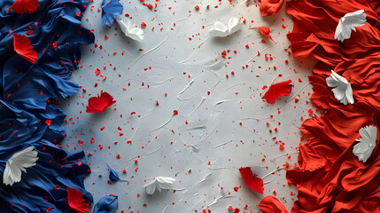 Bastille Day Celebration: Artistic Interpretation of the French Flag with Red, White, and Blue Fabric and Floral Design - obrazy, fototapety, plakaty