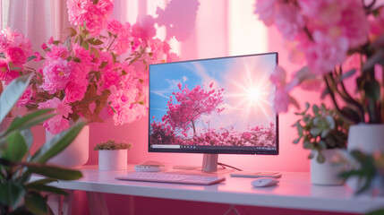Modern Workstation Aesthetics: Technology Meets Flowers in Pink Hue
