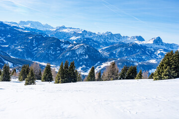 Winter landscape with snow covered Dolomites in Kronplatz, Italy