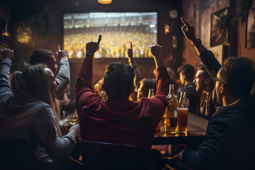 back, rear view of Group of young friends drinking beer watching football on tv green screen at sports bar. people watching a match in sports bar. fans watching a game in pub, celebrate goal mock up
