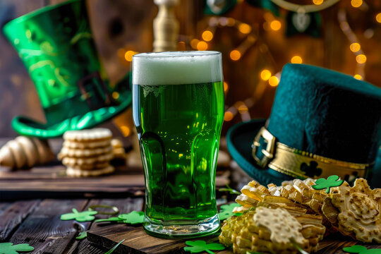 A festive table setting with a refreshing glass of green liquid, topped with a whimsical hat and surrounded by delicious cookies, invites you to indulge in the indoor indulgence of an alcoholic bever