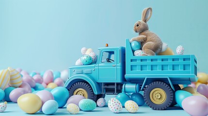 pastel blue dumper truck full of pastel color Easter eggs and real Easter bunny sitting on top of Easter eggs, pastel blue background