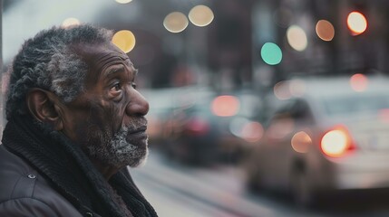 sad, old african american man on the street, closeup portrait