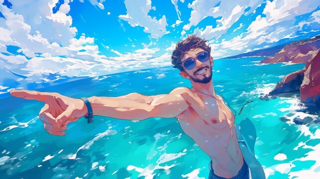 Watercolor Illustration of a happy young guy taking a selfie on the background of the sea