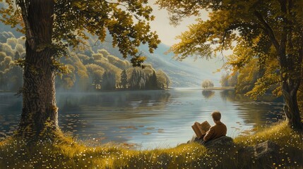 a person immersed in a book by the peaceful lakeshore, surrounded by serene waters and serene natural beauty.