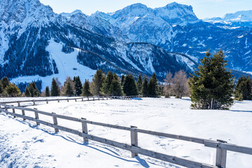 Winter landscape with snow covered Dolomites in Kronplatz, Italy