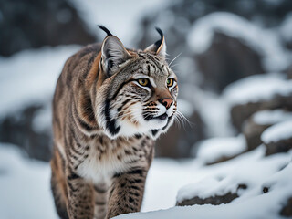 Bobcat, Eurasian lynx walking through snow covered mountain range. Endangered species. Majestic wildlife. 