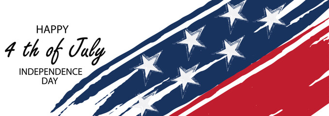 4th of July holiday banner. Stylized image of the American flag, drawn by markers. USA Independence Day background for greetings, sale, discount, advertisement, web.