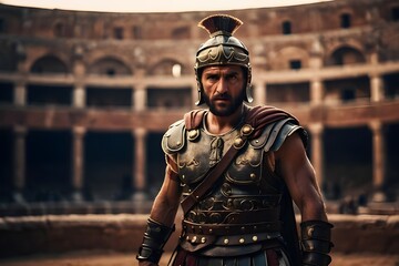 Römischer Gladiator steht kampfbereit in der Arena