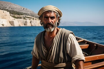 Portrait eines griechischen Fischers auf seinem Fischerboot - obrazy, fototapety, plakaty