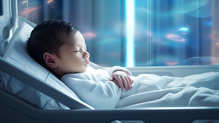 a boy peacefully lying in a hospital crib, surrounded by the serenity of the hospital environment, that highlights the precious moments of life. - obrazy, fototapety, plakaty