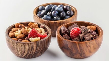 wooden bowls brimming with nuts, berries, and chocolate chunks on a clean background, inviting viewers to indulge in a wholesome and satisfying snack.