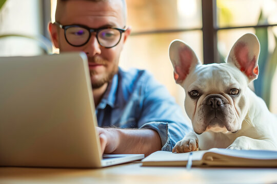 Man work from home Working on Laptop in the living room at Home next to funny French Bulldog .
