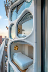 design ad for futuristic Capsule hotel in Japan. travel, tourism. evening, japanese culture