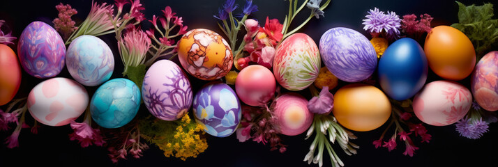 Top view of colorful Easter eggs with flower decoration on black background. Multicolor painted eggs banner. Generative AI. - obrazy, fototapety, plakaty