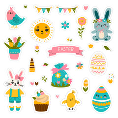 Cute set of Easter stickers. Bunny, sun, egg, bird, chicken, cupcake. Easter elements.