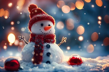Snowman Christmas wallpaper, cute smiling snowman wallpaper, in the style of defocused blurry bokeh panorama background, light sky-blue and dark red, glowing lights.