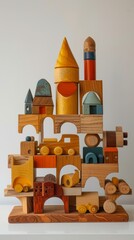 A variety of natural wooden children's toys on the shelves , children's playroom